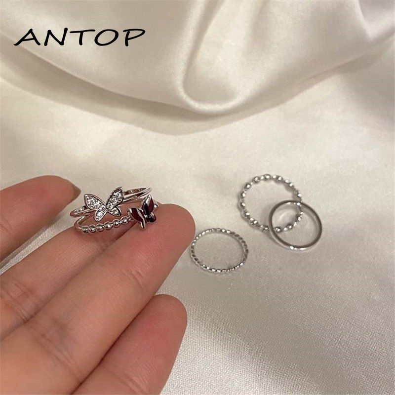 4 Pcs/set 925 Fashion Perak Cincin Set Kupu-kupu Berlian Imitasi Wanita Jari Cincin Perhiasan Aksesoris ANTOP