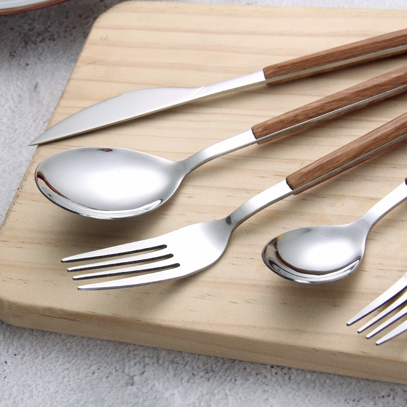 CUTLERY SET PAKET LENGKAP SENDOK GARPU PISAU STAINLESS STEEL GAGANG KAYU KOREA WOOD GRAIN HANDLE KAYU SET SPOON FORK KNIFE