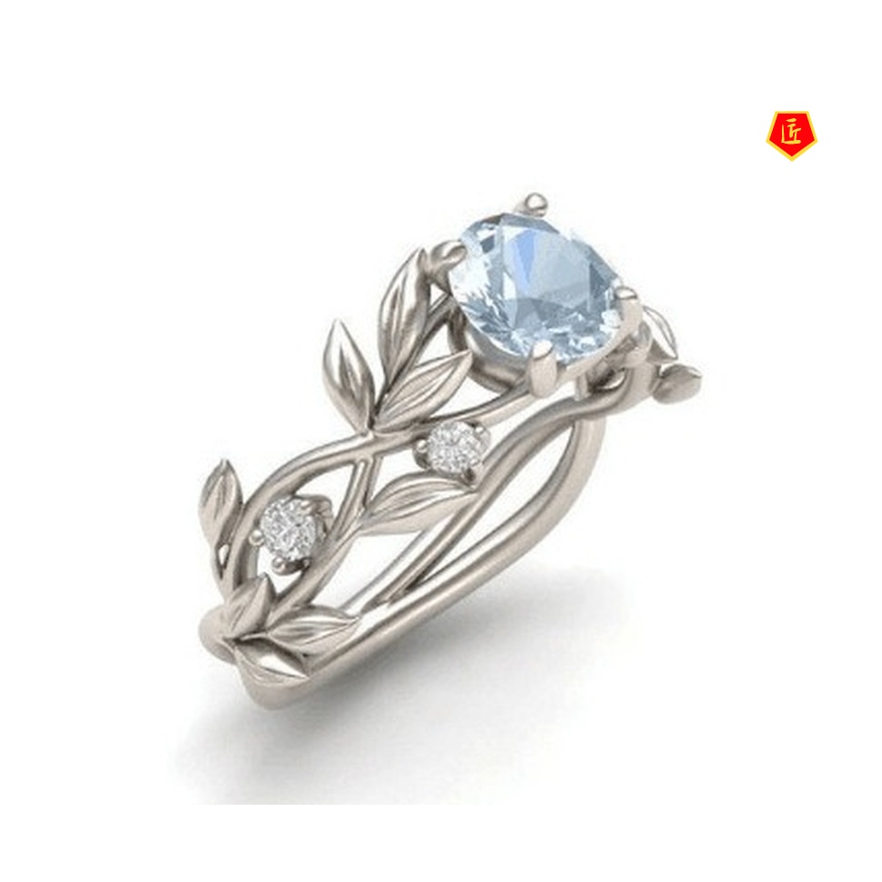 [Ready Stock]Creative Diamond Sapphire Olive Leaf Ring