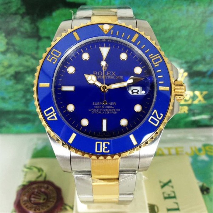 Bayar Di Rumah .. Big Sale Jam Rolex Submariner Gold Blue Matic Phosphor Kaca Anti Gores Stainless