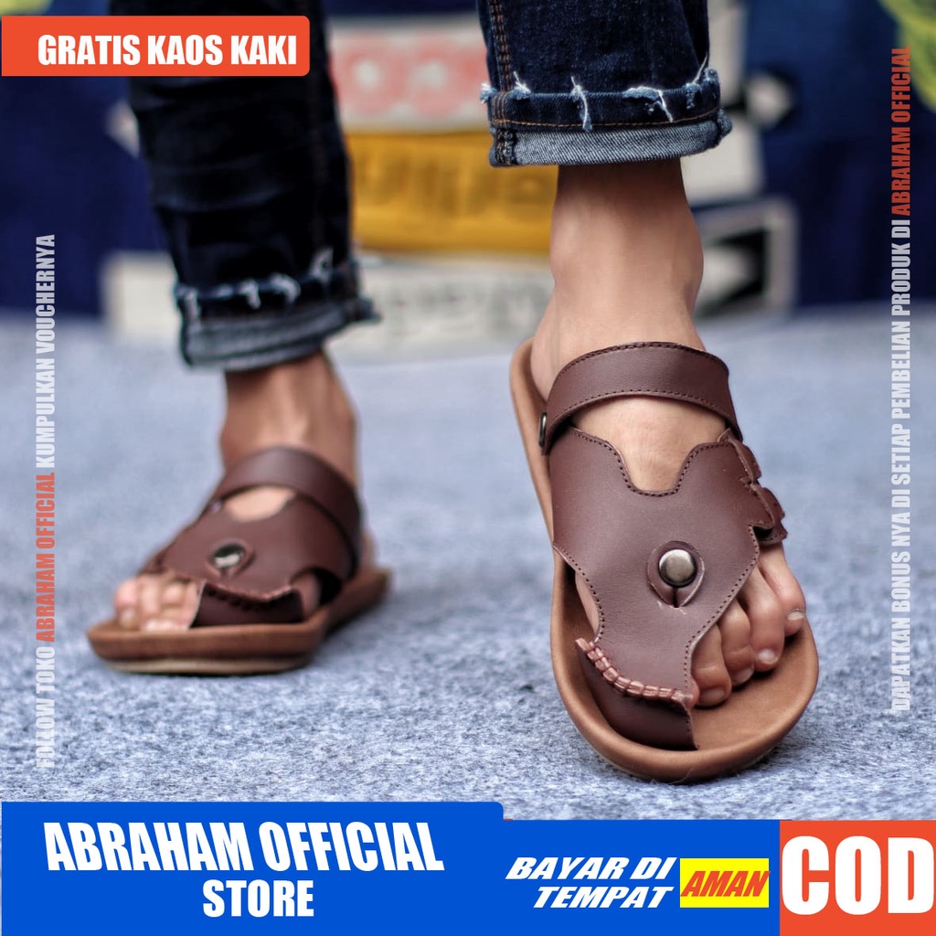 ABRHM LUCKY Sandal Slide Pria Sandal Selop Pria Kulit Asli Sandal Slop Cowok / Cowo Keren Kekinian