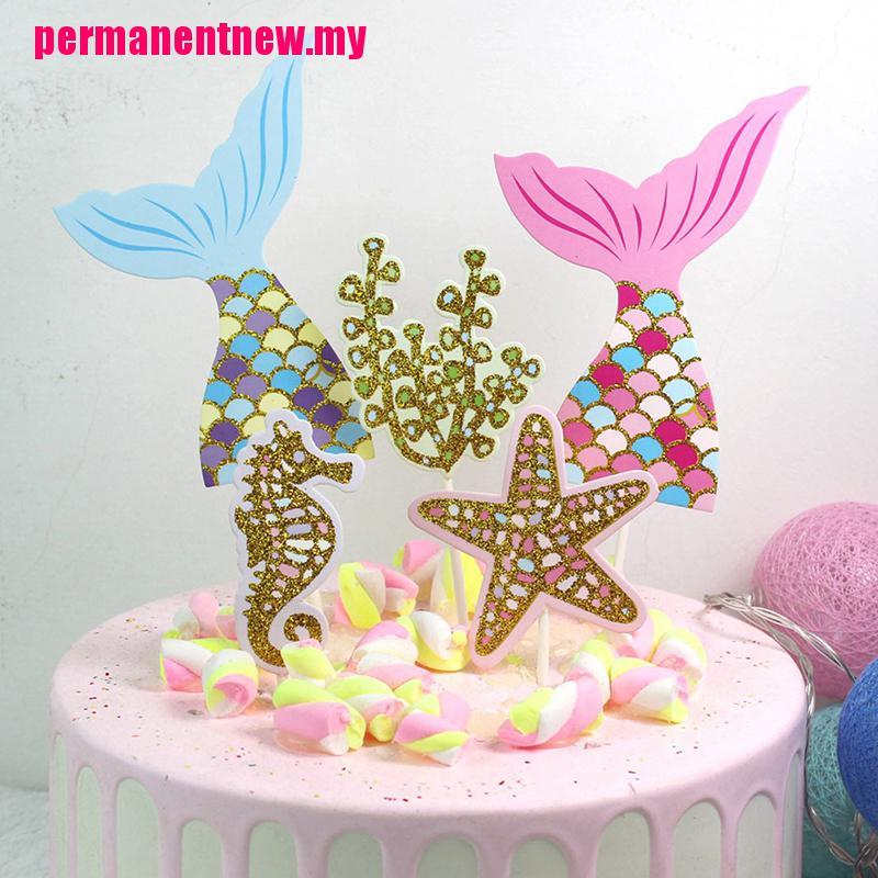 5Pcs / set Topper Kue Bentuk Ekor mermaid Bintang Laut Kuda Laut coral Untuk Perlengkapan Pesta