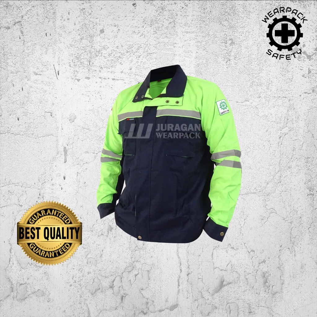 Wearpack Safety / Baju Kerja Safety Warna Hijau Stabilo Kombinasi Biru Navy