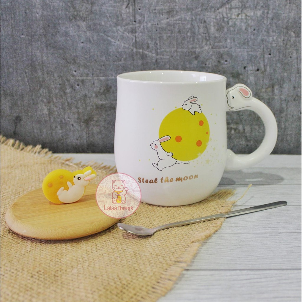 Cangkir Gelas Lucu Kelinci dan Bulan |Gelas Porcelain | Gelas Unik | Gelas Lucu | Gelas Import