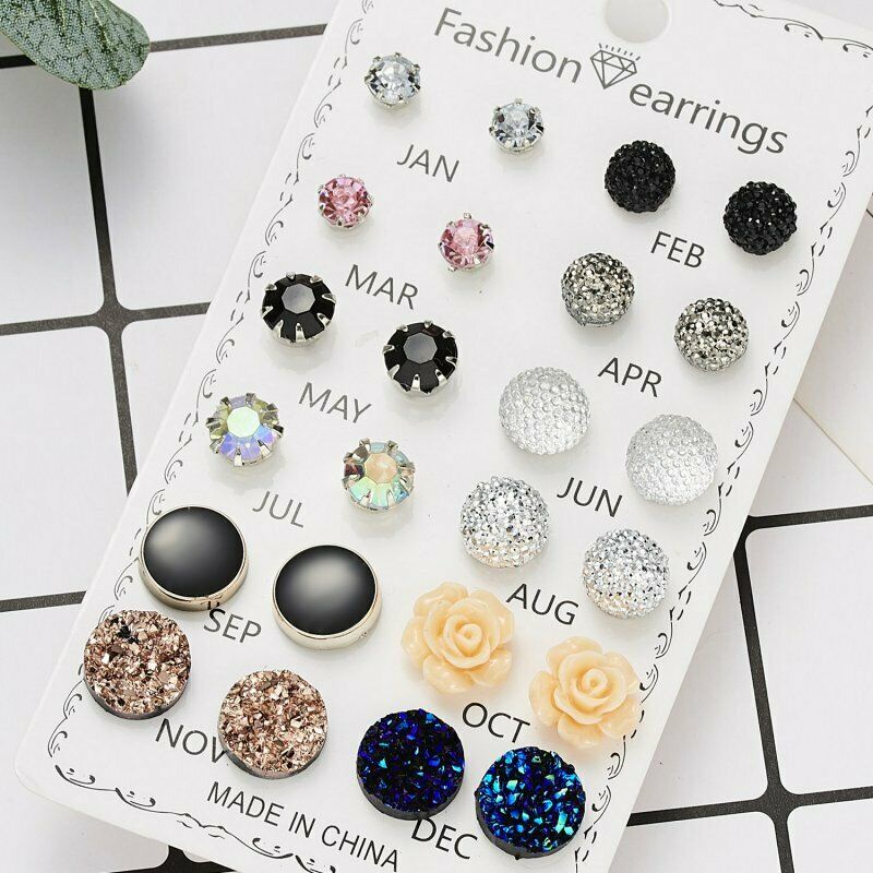 12 Pasang / Set Anting Tusuk Gantung Desain Bola Kristal / Berlian Imitasi + Mutiara Untuk Wanita