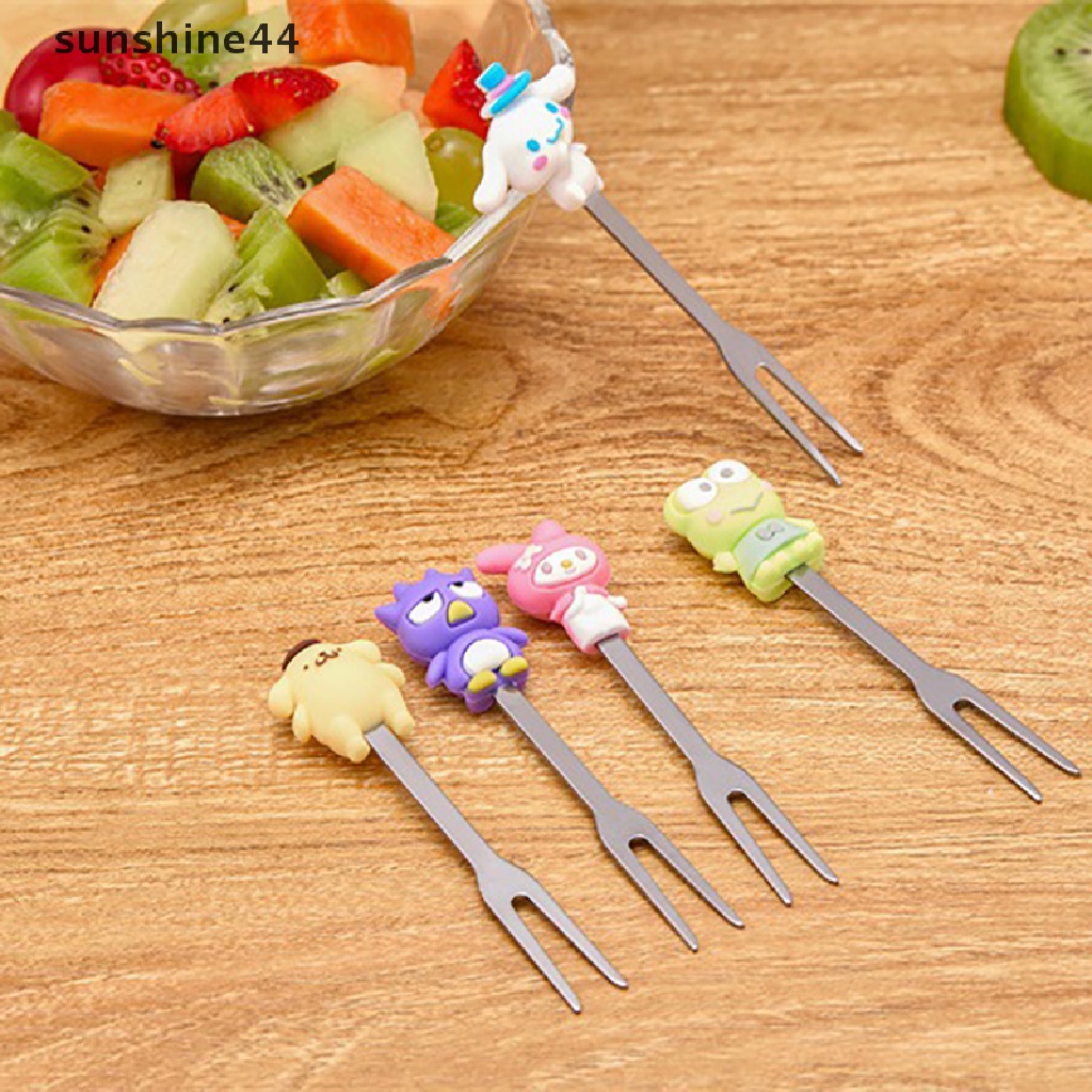 Sunshine 5Pcs / Set Garpu Buah / Dessert Desain Kartun Lucu Bahan Stainless Steel Dengan Holder