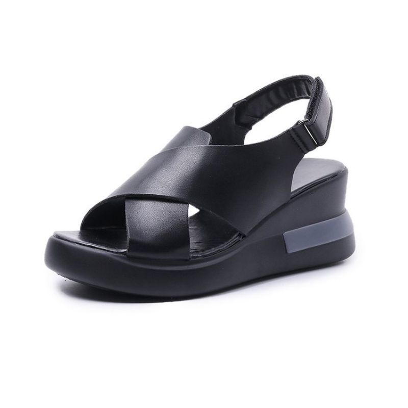 NF060 - Sandal Wedges Tali Perekat Fashion Wanita Import-Black