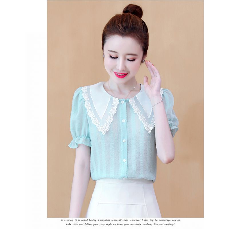 Kemeja wanita hijau muda model kancing sifon Korea lengan pendek elegant