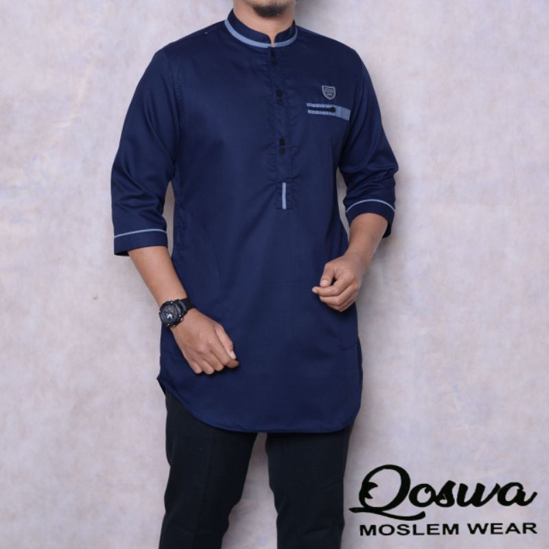 SPECIAL PROMO Baju Muslim Pria Dewasa Kurta Pakistan Koko Murah Original Qoswa NEW Best Seller-Navy