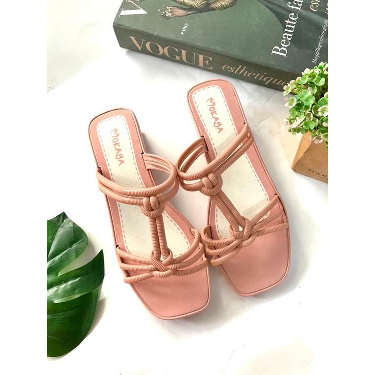 Sandal Slop Kerut Tali Let Import Best Seller Mokaya 528-1-Peach