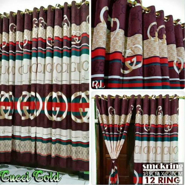 Gorden Pintu Jendela Ukuran L 135 x 220 cm Motif Gucci Warna Gold Terbaru Model Ring Smokering
