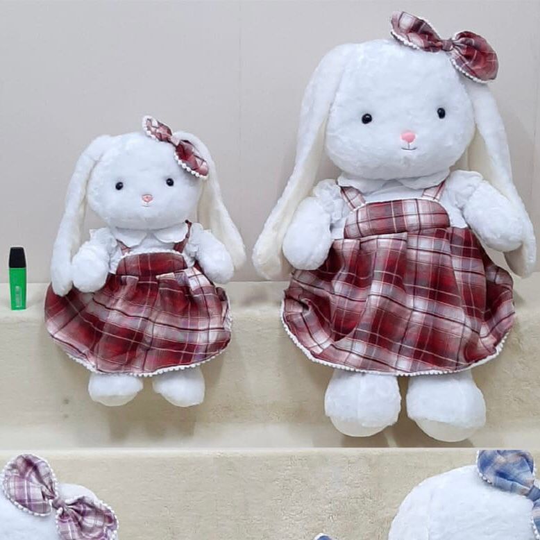 Boneka Kelinci Dress Kotak-Kotak Pita Rabbit Animal Bahan Lembut