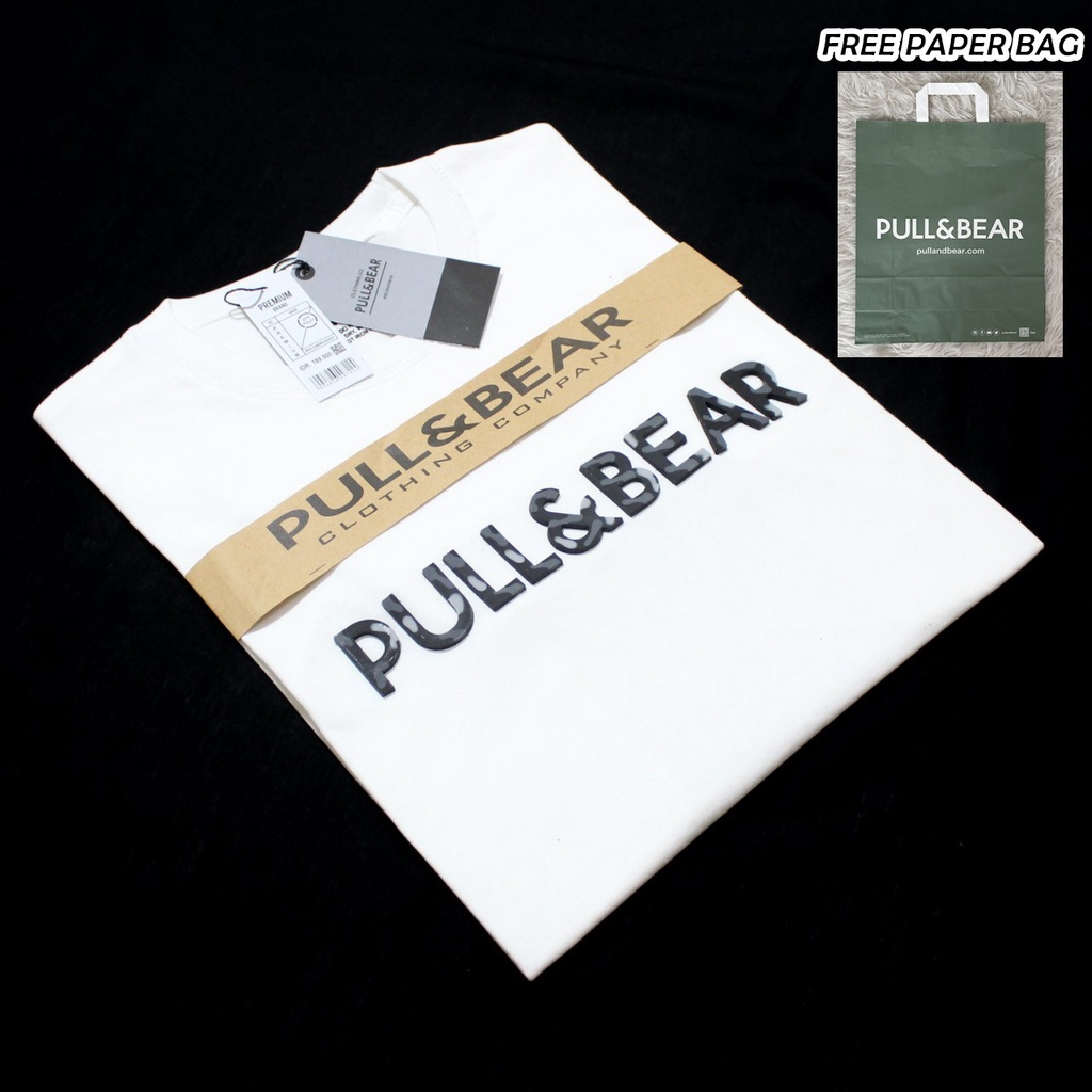 Free Paper Bag T-Shirt Kaos Pull &amp; Bear Flocking Full Lebel dan Hantag // Atasan Kaos Pull and Bear Premium Quality