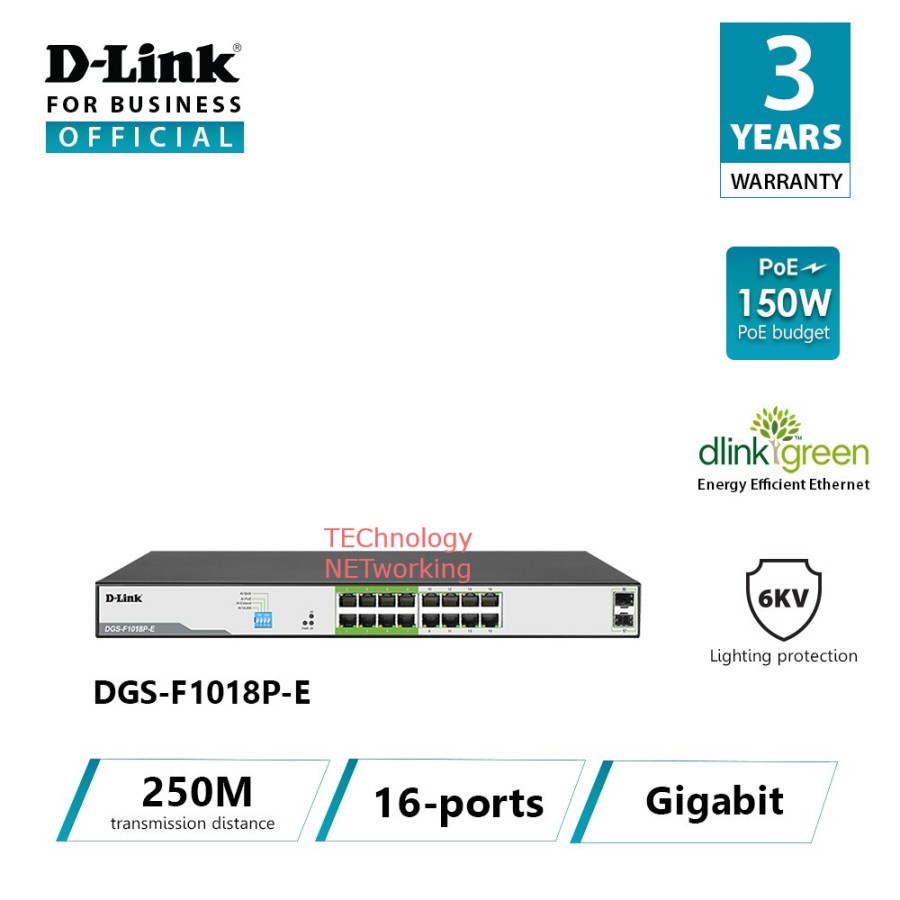 D-Link DGS-F1018P-E : D-Link 16 Port Gigabit PoE Switch with 2 SFP