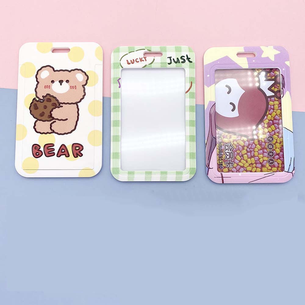 QUINTON Cute Card Holder with rope Cartoon Card Protective Cover ID Badge Holder Bank Credit Card Office School Name Tags Sliding Cover Work Card Soft Badge Case