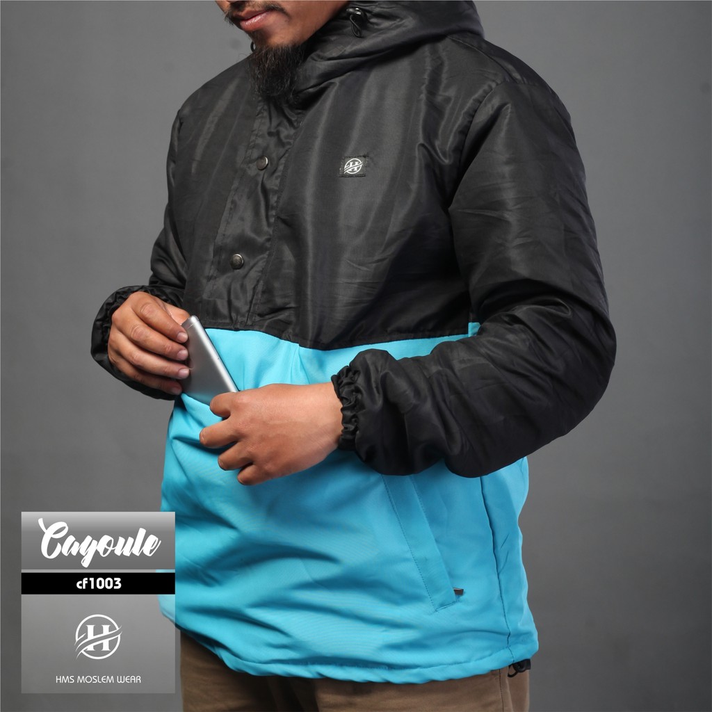 HMS jaket pria distro jaket cougle jaket water proof warna black and soft blue kode art CF327