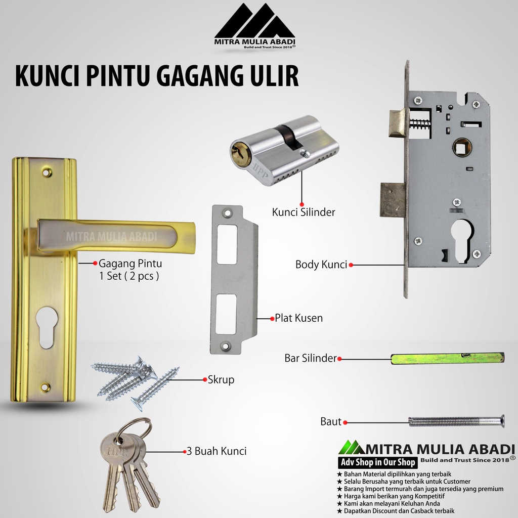 Kunci Pintu  Tanggung Plat Baja/ Gagang  Ulir GoldKunci Pintu Silinder  handle Pintu Rumah