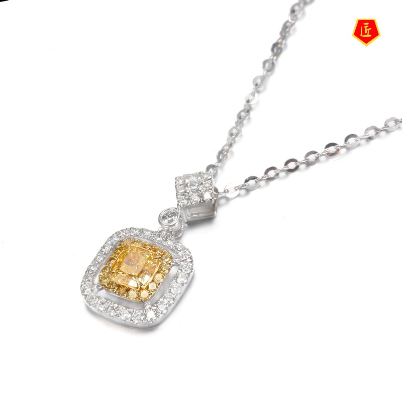 [Ready Stock]Square Pillow-Shaped Yellow Diamond Necklace European and American Luxury Fashion Temperament