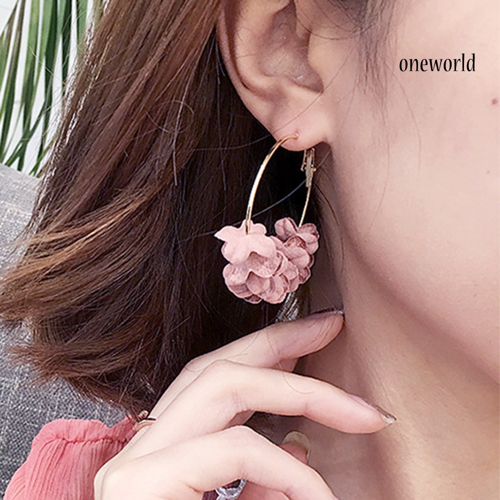 OW@ Women Fashion Metal Plated Dried Flower Round Hoop Earrings Party Jewelry Gift