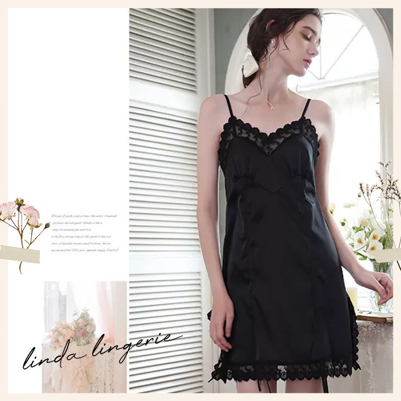 Lingerie Sexy Baju Tidur Sexy Baju Malam Pertama Satin Sleepdress-black