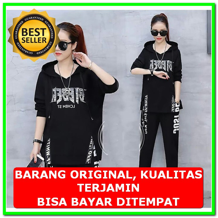 Baju Setelan Wanita Terbaru One Set Remaja Cewek Korea Harian Cas CE653 [St.Bieber Hoodie Black Ro]