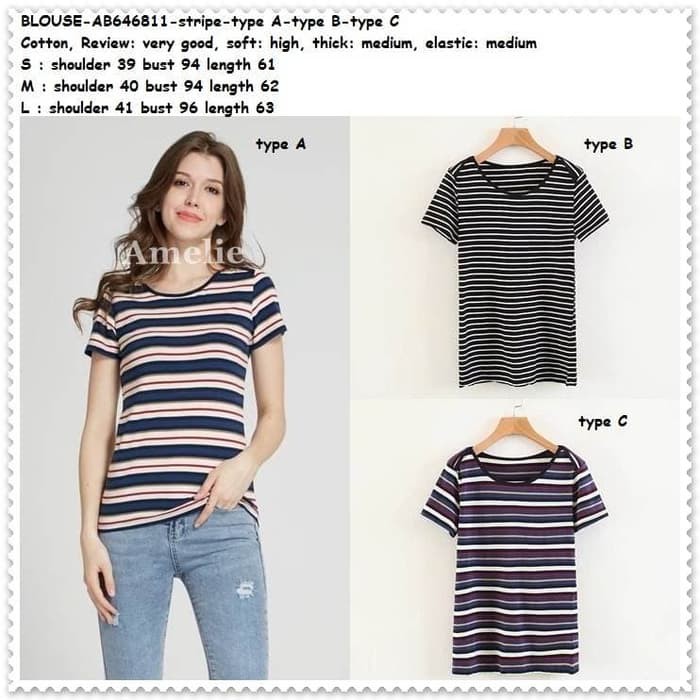Baju Atasan Kaos Garis Blouse Wanita Korea Import AB646811 Hitam Putih BEST.