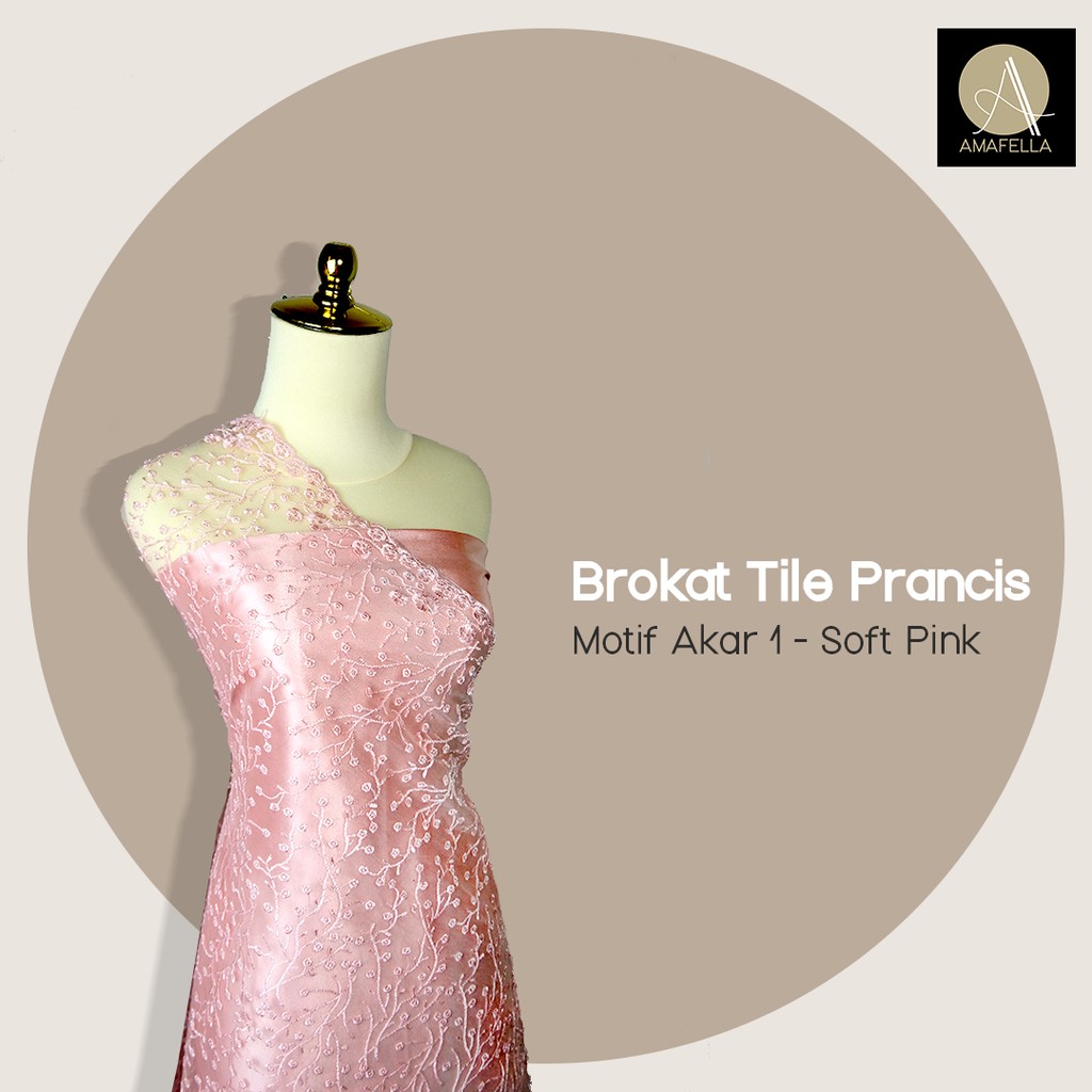 1/2 meter Kain Brokat Brukat Tile Prancis Bahan Kebaya Motif Akar Warna Soft Pink