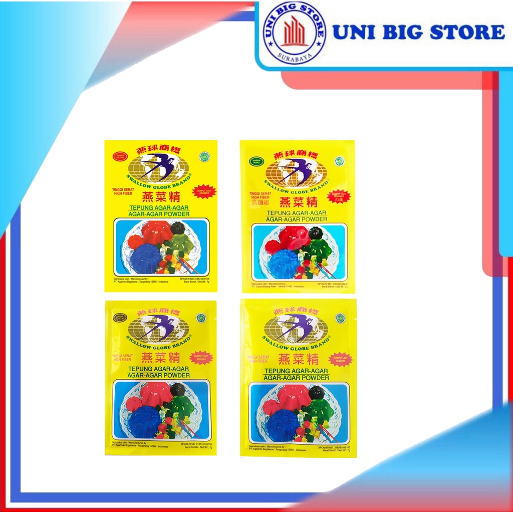 

Agar Agar Swallow Globe Brand - Putih - Merah - Hijau - Coklat 7 gr