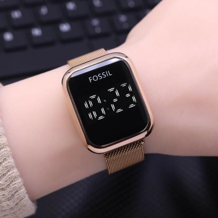 "WHO. 9565" jam tangan digital wanita FOS kotak LED touchscreen LS-032NR rantai pasir magnet