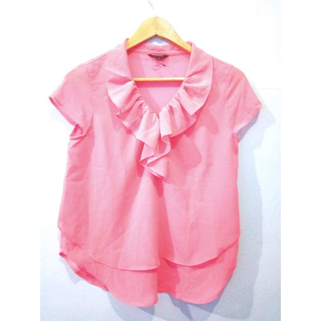 The executive TE TX blouse kerah renda frill top atasan formal kerja pink M
