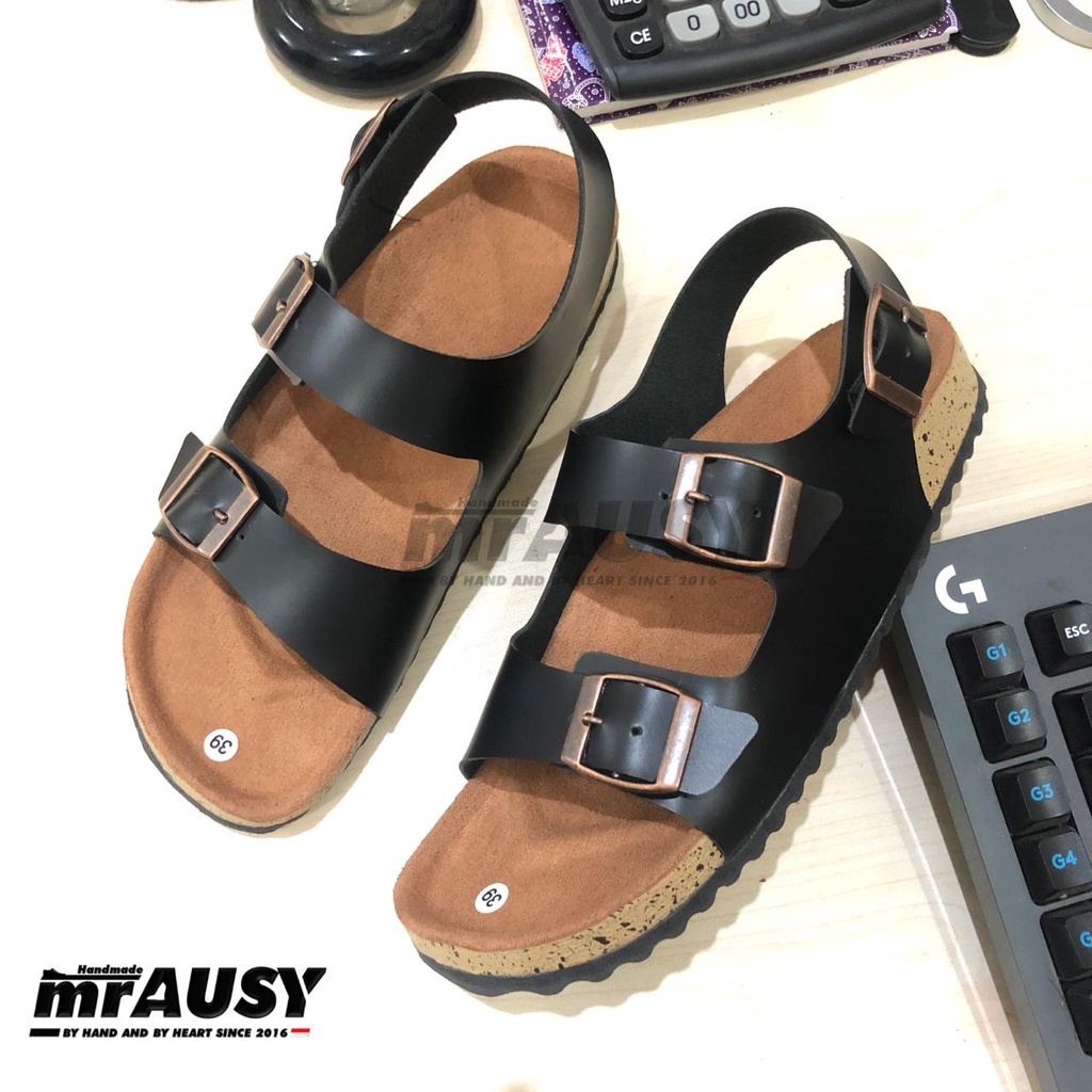 Sandal Wanita Slop Birken Kasual mrAUSY Strap 3 Gesper 3 Besar