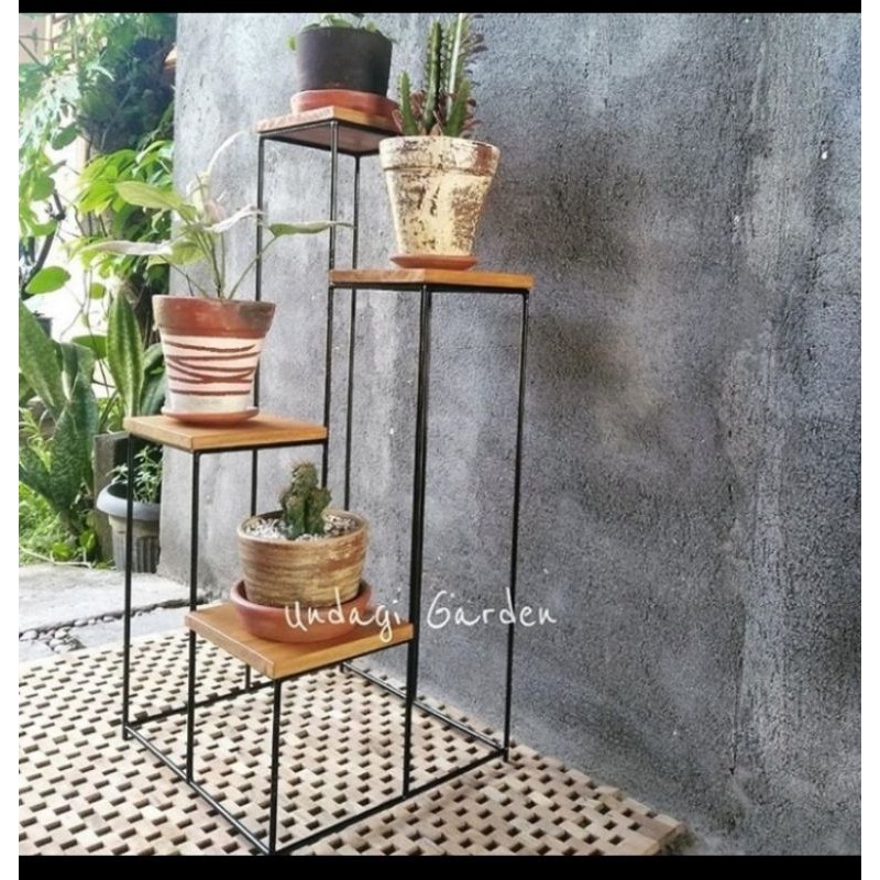 Rak pot 4 Tingkat besi alas kayu - Rak Bunga 4 susun - rak dekorasi rumah besi alas kayu