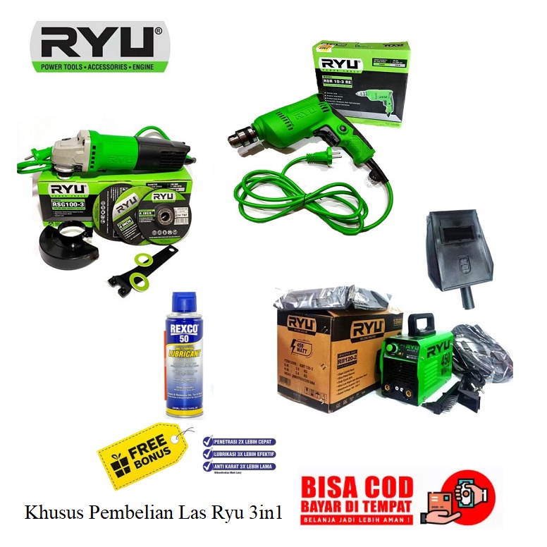 KHUSU HARI INI !! PAKET LAS 3 ITEM Mesin Las 450 Watt RYU 120a Trafo Travo Las + Mesin Gerinda 4 inch + Bor Ryu 10mm