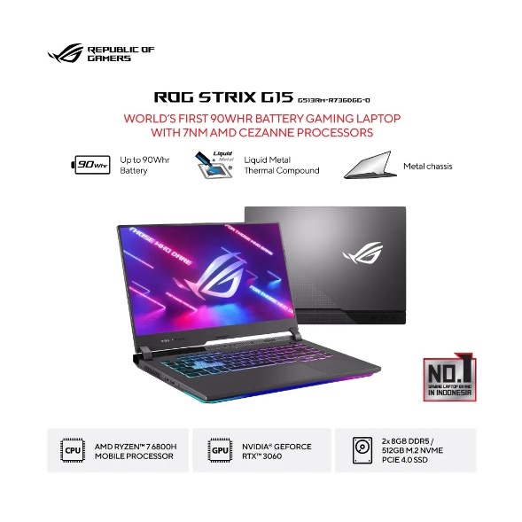 Asus ROG Strix G G513RM-R736D6G AMD RYZEN 7 6800H RTX3060 6GB RAM16GB SSD512GB WINDOWS 11 DAN OHS 2021 ORIGINAL