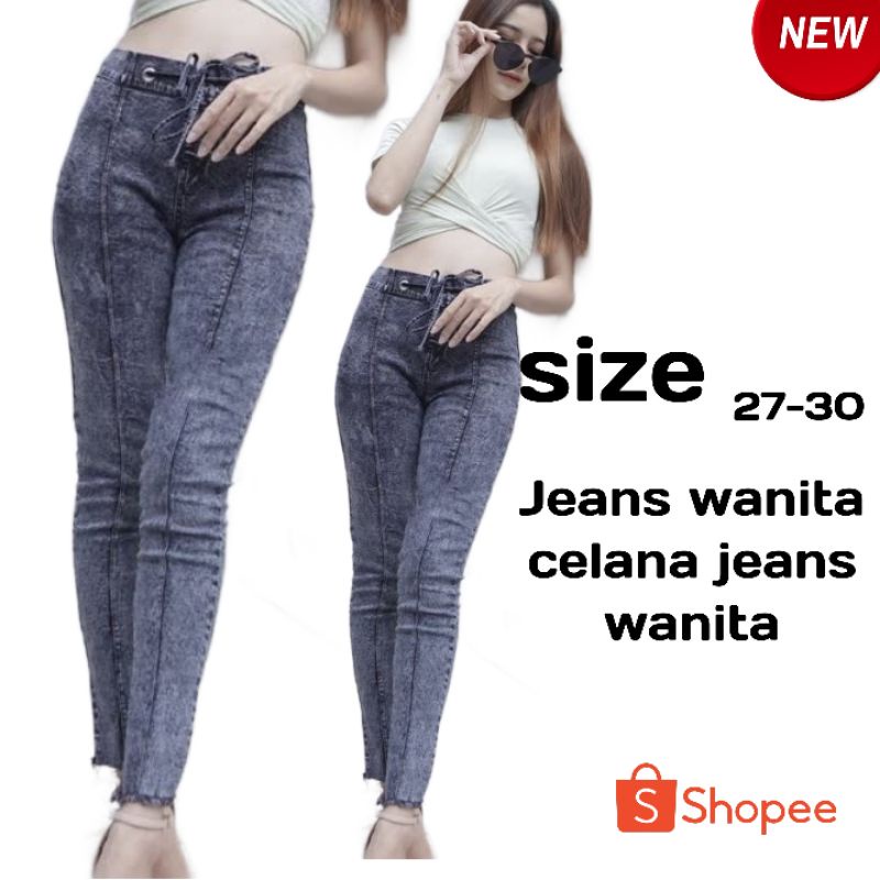 Celana wanita jeans highwaist jeans//celana pinggang tali bawah rawis