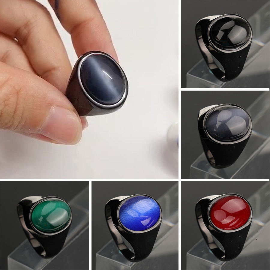 Cincin Bahan Titanium Steel Aksen Batu Ruby Sapphire Warna-Warni Gaya Punk Untuk Pria