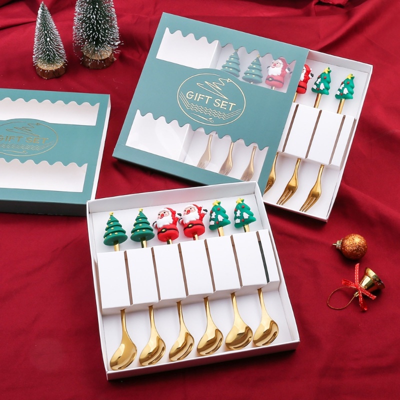 6pcs / set Sendok Garpu Bahan Stainless Steel Dengan Liontin Santa Claus Untuk Pohon Natal