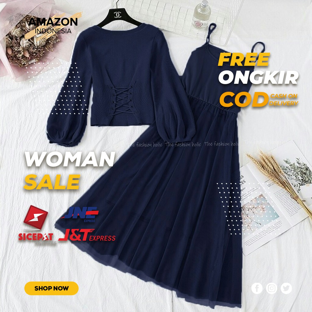 SETELAN DRESS WANITA WARNA NAVY BAHAN OUTER MOSSCREPE INNER SPANDEK ORIGINAL BEST QUALITY ELEGAN