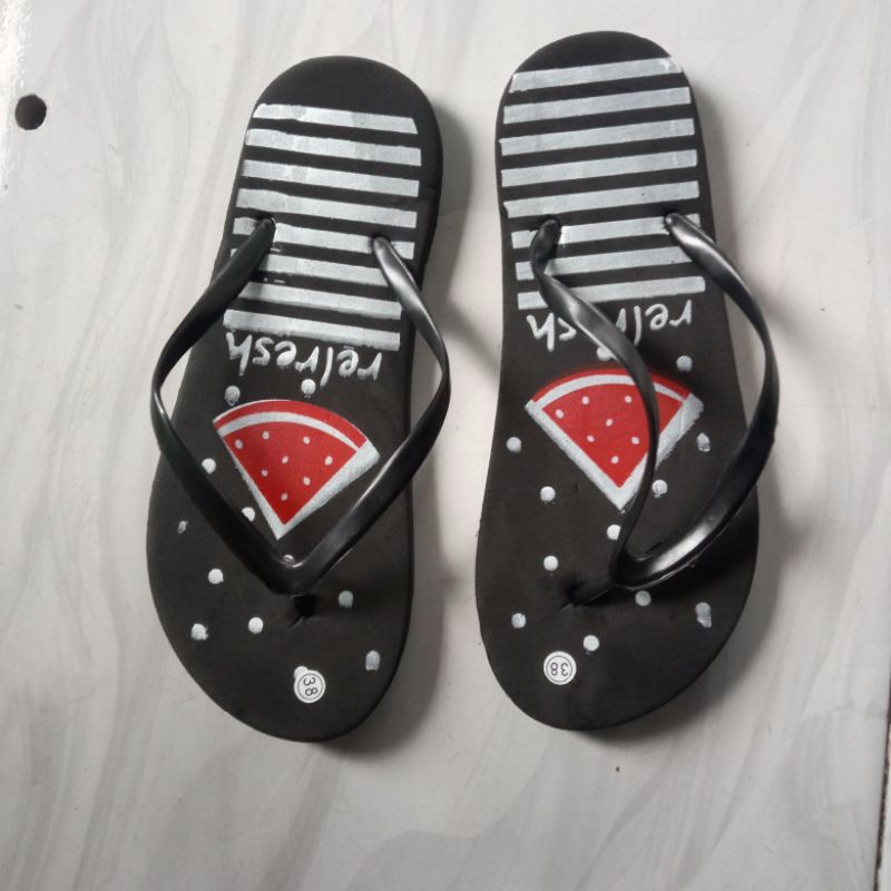 sandal jepit spon hitam semangka, sandal murah / sandal cewe