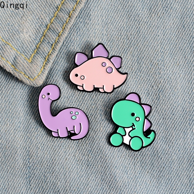 Bros Pin Enamel Desain Kartun Dinosaurus Warna Hijau Ungu Pink Untuk Pakaian Tas