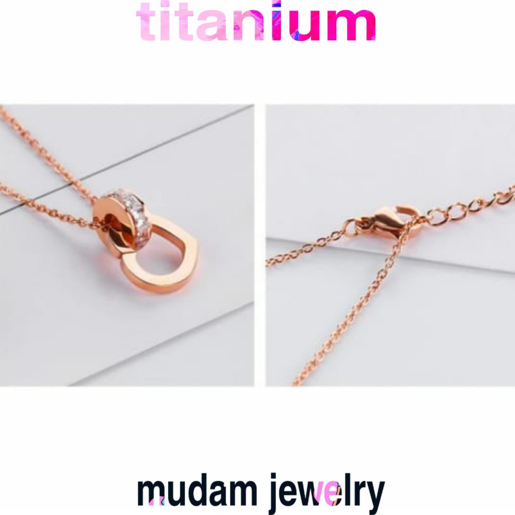 Kalung Titanium Love Ring Kristal Putih Rose Gold dan Gold