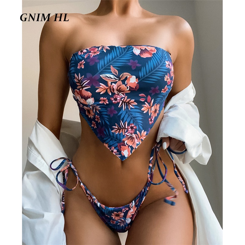 PREORDER GNIM Sexy Bandeau Baju Renang Wanita 2 Buah Bikini Mujer 2021 Floral Cetak Perban Micro Swi