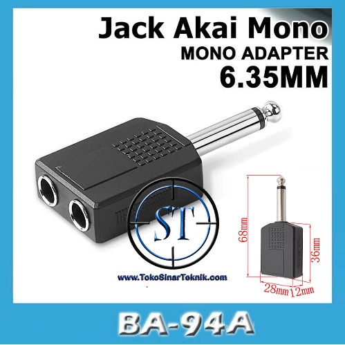 Jack Jak jek T / Y Akai Mono Converter 2 Akai to 1 Akai mono Konektor T Cabang 6.5mm Female To Male BA-94A