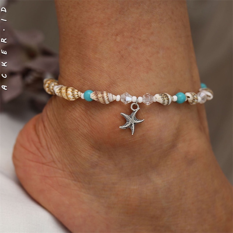 Gelang Kaki Hias Liontin Bintang Laut Keong Manik-Manik Kristal Gaya Vintage Untuk Wanita