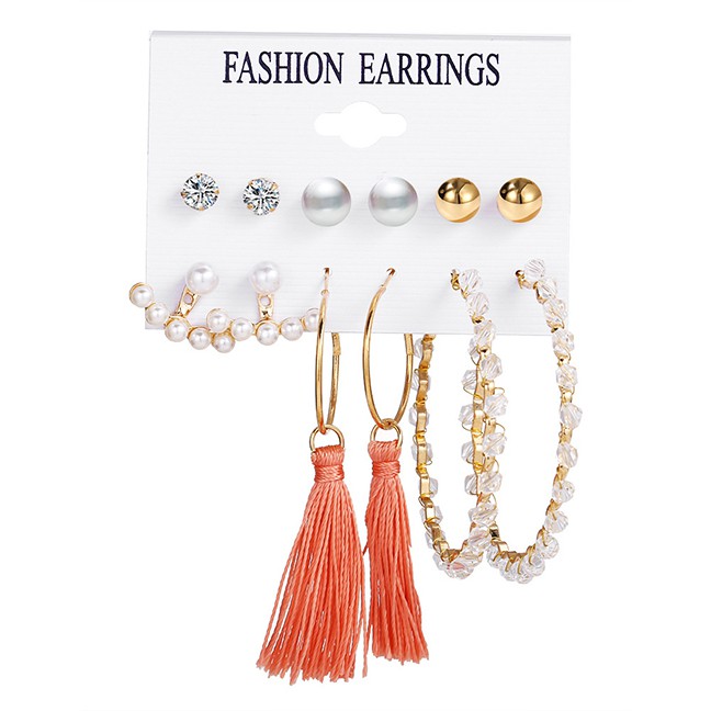 LRC Anting Set Fashion Tassel Orange Tassel Acrylic Diamond Pearl Geometric Alloy Earring Set