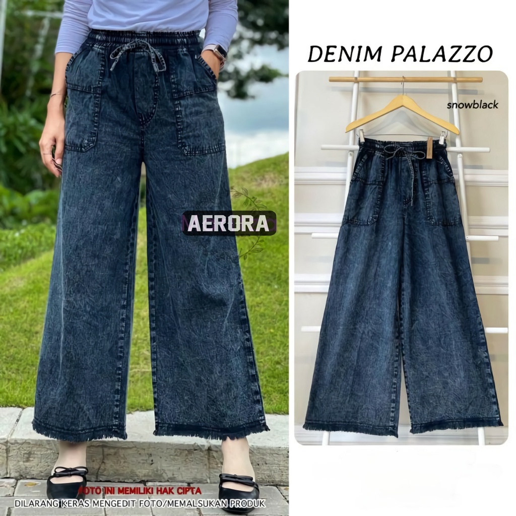 Denim Celana Kulot Palazzo Jeans Jens Panjang Jins Rawis Jumbo Wanita Hight Waist Kekinian Pinggang Karet Premium Lp 70-105 P 95 Allsize