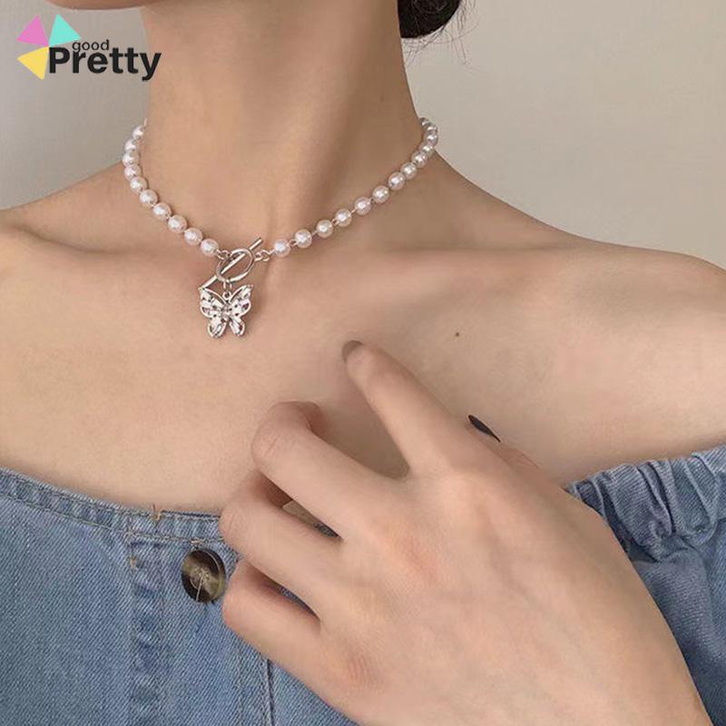 Kalung  Fashion Mutiara Manik-manik Elegan Kalung Kupu-kupu Liontin Klavikula Kalung Aksesoris Wanita - PD