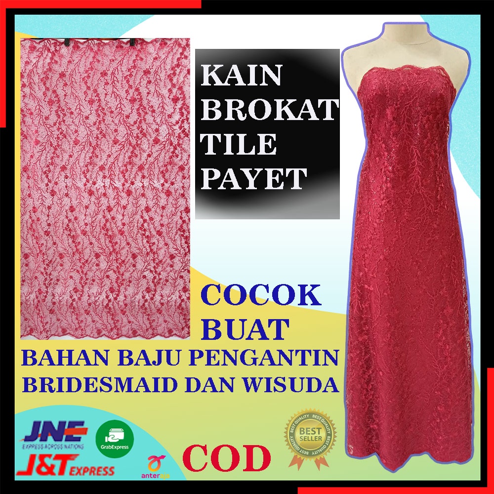 bahan kain brokat brukat burkat broklat bruklat kebaya tile tulle mutiara akar payet spider 3d prancis  premium meteran mewah impor metalik murah per meter pengantin bunga lace