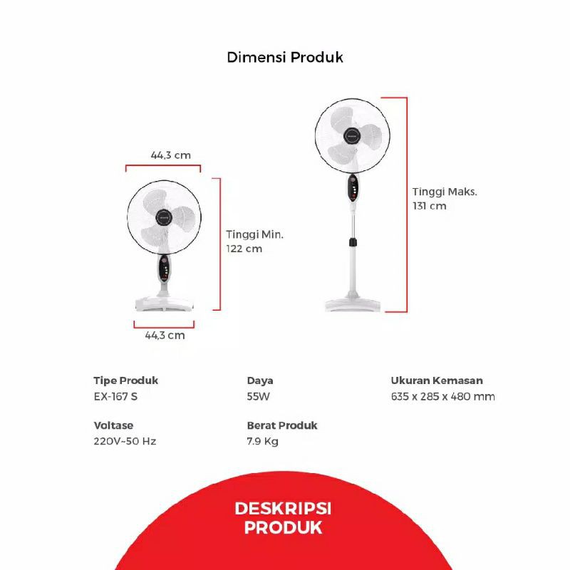 Maspion Kipas Angin Berdiri &amp; Meja 2in1 EX 167S - 167 S - EX167S Stand Desk Fan 55 watt