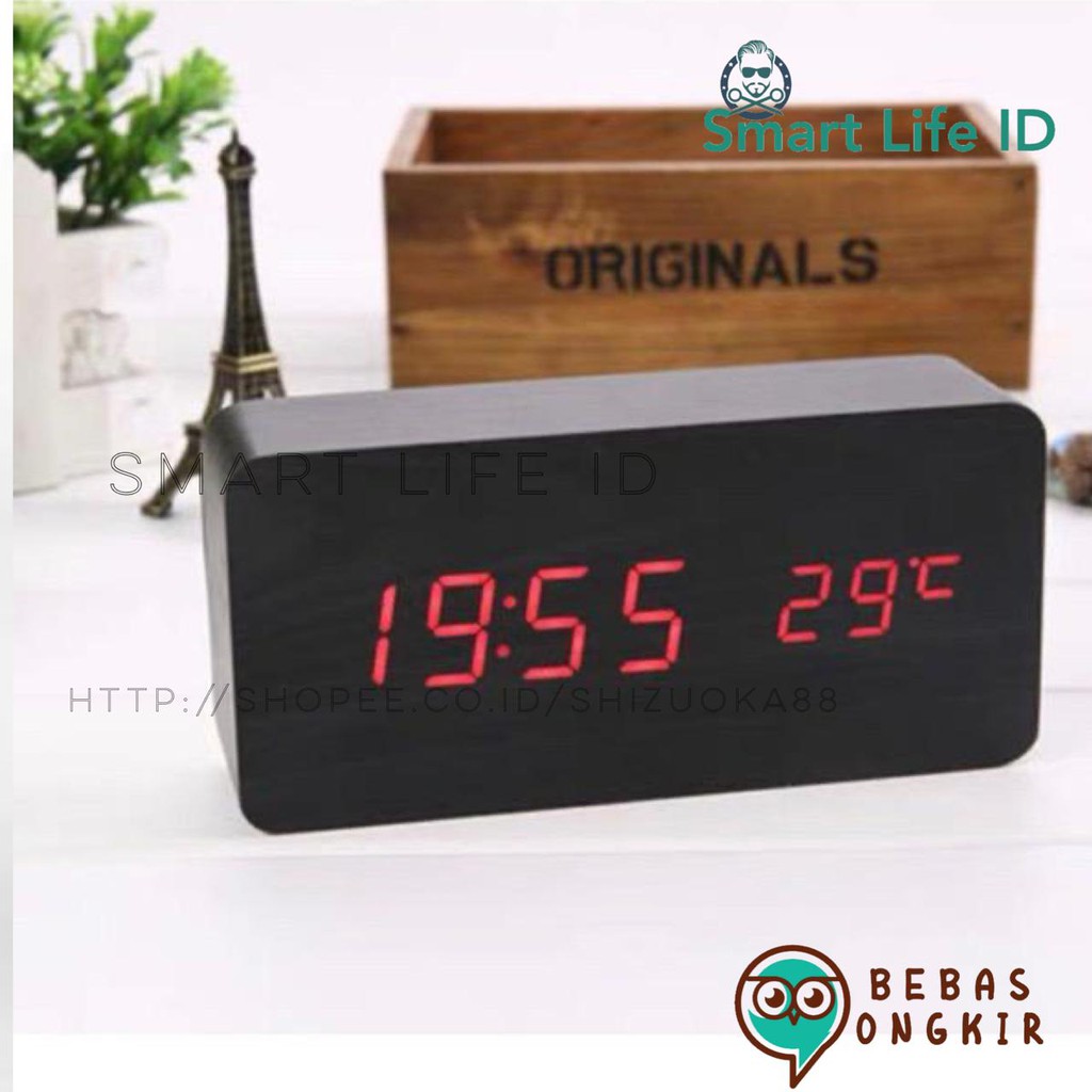 Jam Meja Kayu Digital Led Weker / Wood Digital Alarm Clock Dekorasi Rumah Souvenir Suhu